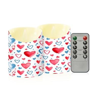 Imagem de Wassud Pacote com 2 velas de corações azuis vermelhos sem chama com controle remoto, velas realistas cintilantes com temporizador, velas decorativas para Natal, casamento, festa, decoração de casa