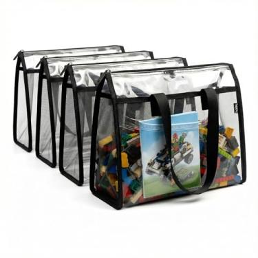 Imagem de HOLAY Pacote com 4 sacos de armazenamento de brinquedos transparentes com alça – Caixas organizadoras de sala de jogos para crianças, jogos de tabuleiro, bolsas ocupadas e material escolar em casa