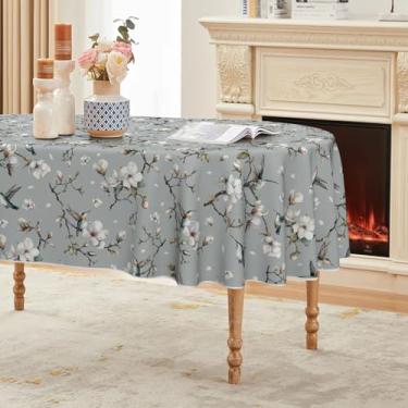 Imagem de Horaldaily Toalha de mesa de primavera 152 × 213 cm, oval, cinza, sumaúma, ramo, lavável, sazonal, para decoração de festa, piquenique, jantar