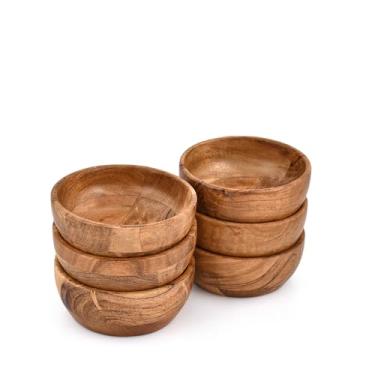 Imagem de Samhita Tigela de madeira de acácia feita à mão para deserto – Conjunto de 6 pequenos pratos de madeira para temperos, aperitivos, sobremesas e cozinha (12,7 x 12,7 x 5 cm)