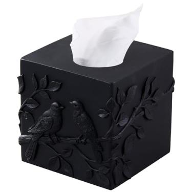 Imagem de Capa de caixa de lenços quadrada decorativa de mármore preto para pássaros, suporte de caixa de lenços resistente de resina, suporte de papel facial para bancada de banheiro, mesa de cabeceira de