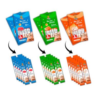 Imagem de Kit30 Mix Petisco Snack Cremoso MeguisPet p/Gatos Sabor 2 Frango +2 Atum +2 Salmao Total 450g 30 saches