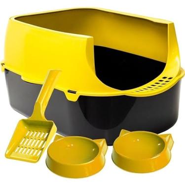 Imagem de Caixa de Areia para Gatos Grandes Sandbox Pet com Pá, Comedouro e Bebedouro – Banheiro Sanitário Resistente e Espaçoso(Amarelo)