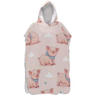 Imagem de Joisal Roupão de mudança de poncho de surfe para toalha de natação com capuz bonito absorvente feminino ponchos com capuz fofo porco rosa