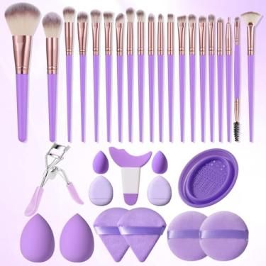 Imagem de Conjunto de 33 peças de 20 pincéis de maquiagem e esponjas de maquiagem, pincel de base para líquido, creme e pó – polido, mistura e pincel facial (roxo)
