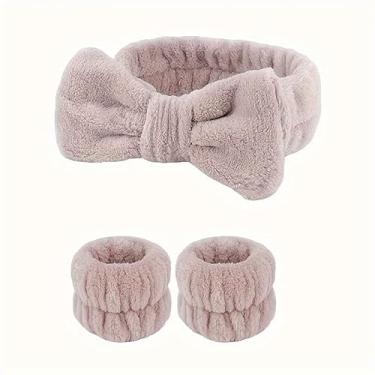 Imagem de Conjunto de 3 faixas de cabelo para lavagem facial, flanela, laço elástico, para maquiagem, cuidados com a pele, uso em spa, rotina de beleza, cáqui