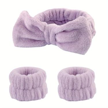 Imagem de Conjunto de 3 faixas de cabelo para lavagem facial, flanela, laço elástico, para maquiagem, cuidados com a pele, spa, uso de beleza, rotina, roxo
