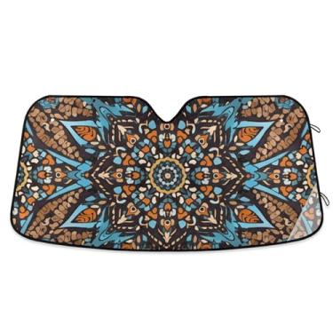 Imagem de Guarda-sol personalizado intrincado mandala vintage laranja para para-brisa de carro impressão universal dobrável capa de para-brisa automotiva protetor solar L, 144,8 cm x 80 cm