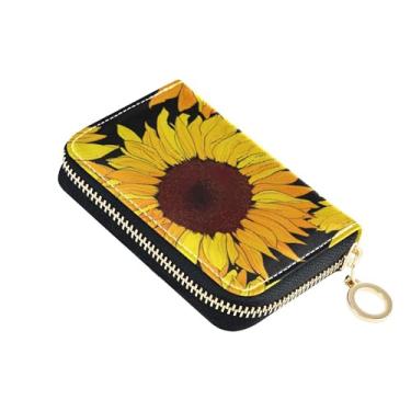Imagem de Carteira feminina com zíper para cartão de crédito com bloqueio de RFID, carteira de moedas de couro com zíper, girassóis amarelos coloridos pretos
