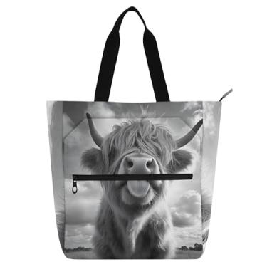 Imagem de GAIGEO Bolsa sacola preta branca de vaca Highland para crianças, mulheres, escola, trabalho, livros, bolsa reutilizável com zíper