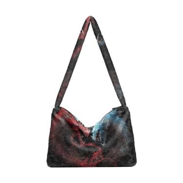 Imagem de Bolsa de ombro feminina Fierce Eyes Behind preta, bolsa de ombro de pelúcia sob o braço, bolsa de ombro com zíper para mulheres, Lindo dragão com luzes vermelhas e azuis, One Size