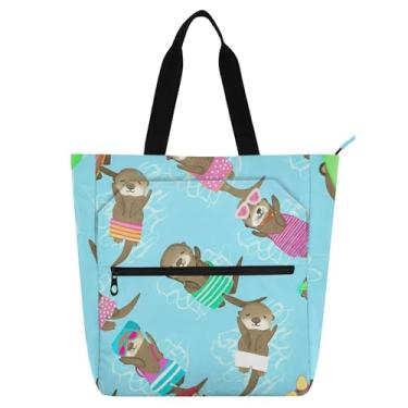 Imagem de GAIGEO Sacola divertida de lontras coloridas para crianças, mulheres, amantes de livros, trabalho, viagem, bolsa com zíper