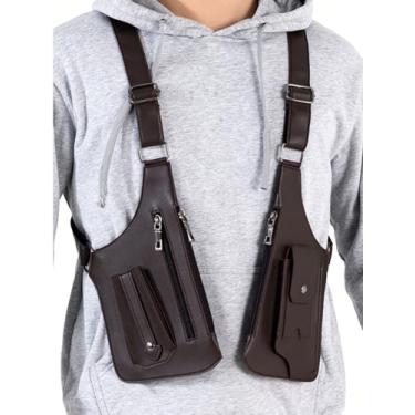 Imagem de Bolsa masculina de ombro duplo para axila com alça ajustável, couro PU, antifurto, oculta, para celular, bolsa para uso ao ar livre, Marrom, Versátil