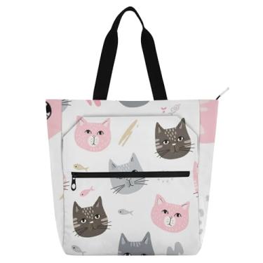 Imagem de GAIGEO Bolsa de trabalho branca com rostos de gato fofas para mulheres, bolsa de lona para escola universitária, presente para amantes de livros
