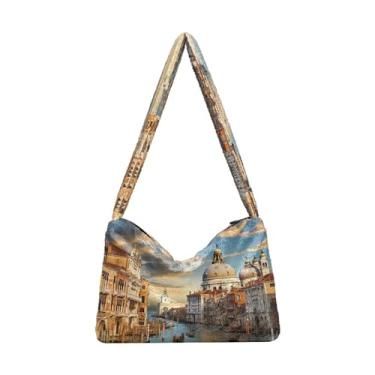 Imagem de Sacola de pelúcia com estampa de folhas de outono, bolsas femininas, bolsas de outono, Casas em cada lado da água 3, One Size