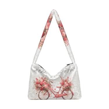 Imagem de Bolsa de pelúcia de aquarela de flores premium, bolsas femininas, bolsas de ombro para mulheres, Bicicleta de cravo Redbasket romântica, One Size