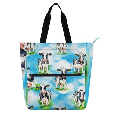 Imagem de GAIGEO Cute Cows Bolsa feminina azul celeste bolsa de trabalho lona praia escola bolsa de mão todos os dias com compartimentos