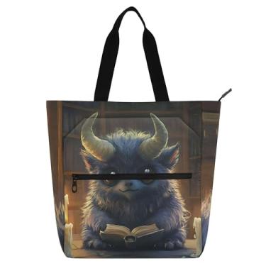 Imagem de GAIGEO Bolsa feminina divertida de vaca monstro de lona com zíper bolsa de praia carteiro com compartimentos