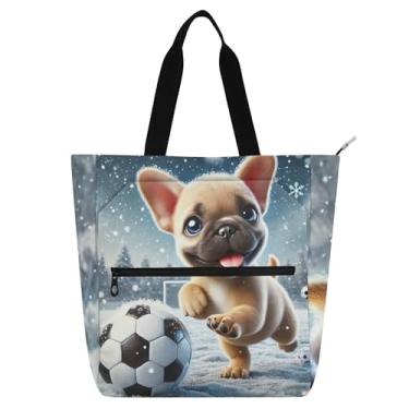 Imagem de GAIGEO Bolsa de trabalho feminina buldogue cachorrinho futebol bolsa de trabalho lona praia livro tote com zíper bolsa feminina infantil com compartimentos