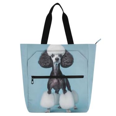 Imagem de GAIGEO Elegante sacola de livros com estampa de poodle preto e branco para mulheres, crianças, escola, trabalho, viagens com compartimentos com zíper