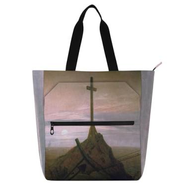 Imagem de Caspar David Friedrich crucifixo cruz bolsa feminina bolsa de trabalho lona bolsa escolar bolsa de livro senhoras crianças bolsas amantes de livros presente