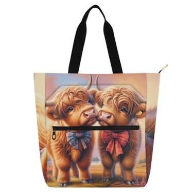 Imagem de GAIGEO Valentim Highland Cow Mate Bolsa feminina de trabalho de lona escolar bolsa de livros reutilizável para amantes de livros