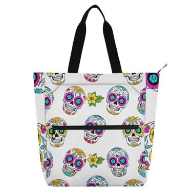 Imagem de GAIGEO Bolsas de trabalho brancas coloridas com caveiras de açúcar para mulheres, bolsas de tecido de lona, universitárias, utilitárias, bolsas infantis para amantes de livros