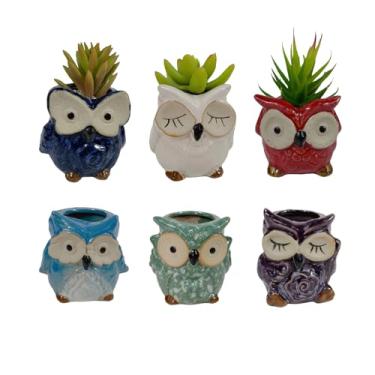Imagem de Mekenluo Pacote com 6 vasos de cerâmica para suculentas com orifícios de drenagem, lindos vasos de flores de animais para mini plantas, ideia de presente moderna para decoração de mesa de escritório