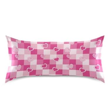 Imagem de Wassud Fronha de cetim rosa quadriculado corações dia dos namorados para cabelo e pele fronhas de seda lisa king size fronhas respiráveis com fecho de envelope