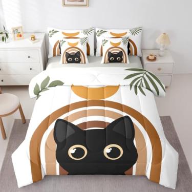 Imagem de Erosebridal Jogo de cama solteiro geométrico abstrato com desenho de gato, 7 peças, boêmio, meados do século, para quarto de meninas, meninos, adultos, moderno, minimalista, animais