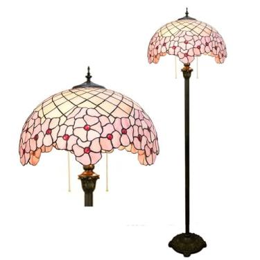Imagem de Luminária de chão Tiffany com vitral, 40x40x162 cm, estilo Art Nouveau tradicional, com rosas, tulipas, glicínias, libélulas e flores de cerejeira. Luminária de canto antiga com haste.