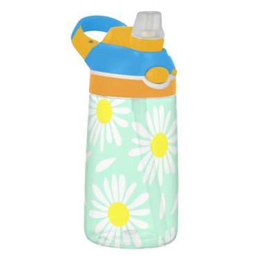 Imagem de Garrafa de água verde menta pastel margarida infantil com canudo 473 ml 473 ml garrafa de água de plástico Tritan reutilizável portátil infantil copo de viagem, à prova de vazamento, alça de