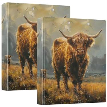 Imagem de Fichário de três anéis de pintura personalizada para gado Highland Bull de 3 cm, 200 folhas, fichário de prancheta, bonito anel redondo, fichário de escritório, 31,5 x 27 x 6 cm, pacote com 2