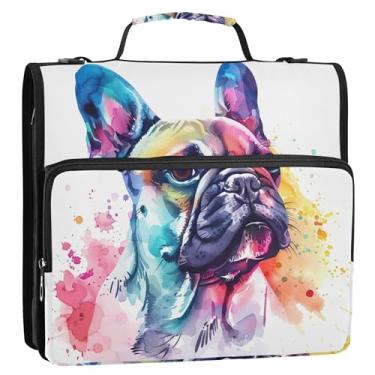 Imagem de Fichários engraçados de 3 anéis de 3 cm para buldogue em aquarela com zíper e estojo organizador de pasta de anel, bolsa escolar com alça de ombro