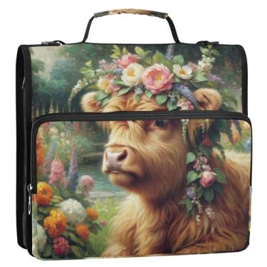 Imagem de Organizador de fichário com zíper, vaca Highland, animal fofo, floral, 3 anéis, bolsa de viagem para escola, bolsa com alça de ombro, suporte para 500 folhas