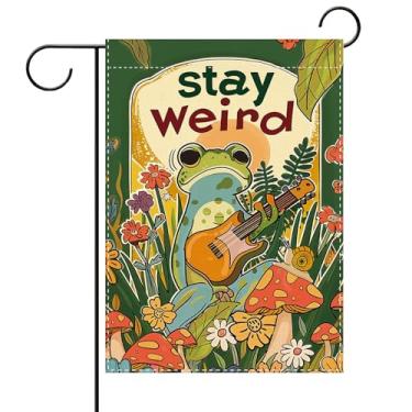 Imagem de Terkki Funny Stay Weird Frog Bandeira decorativa de jardim, caprichosa floresta guitarra cogumelo floral pequeno quintal decorações externas, flor botânica caracol serapilheira exterior decoração de
