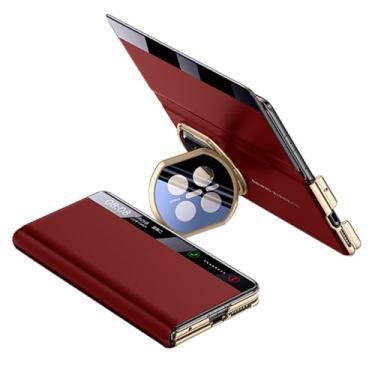 Imagem de POYUFRG Capa flip para Huawei Mate X7, capa de janela de visualização inteligente de couro galvanizado de luxo com capa de suporte de lente de metal, vermelha, Mate X7