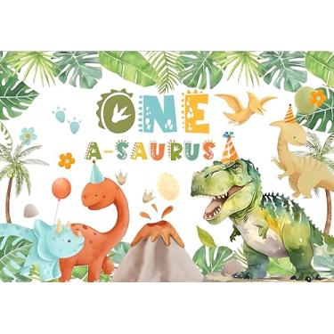 Imagem de One a Saurus Faixa de fundo de aniversário dinossauro decoração de festa de 1º aniversário para meninos, faixa temática de dinossauro, material de festa de 1 ano de idade, fundo fotográfico 1 × 3 pés