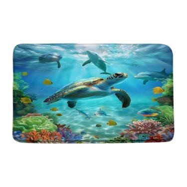 Imagem de YOZSLGU Tapete de banho Ocean Underwater World, tartaruga marinha, golfinho, coral, vida marinha, animal, espuma de memória, tapete de cozinha, 48 x 75 cm