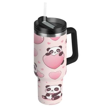 Imagem de Blueangle Copo Pandas de 850 g com alça e tampa de palha, caneca de viagem de aço inoxidável com isolamento a vácuo de parede dupla, garrafa de água reutilizável para academia de escritório ao ar