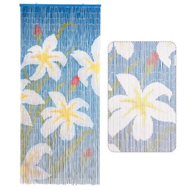 Imagem de TTM BAMBOO Cortina com contas de flor de lírio branco, cortina de porta suspensa pintada à mão, contas de entrada de madeira natural, 91 x 200 cm, 90 cordas, divisória de madeira feita à mão para