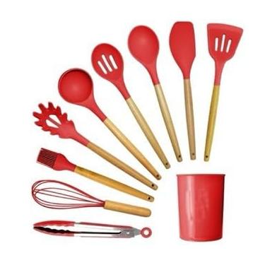 Imagem de Kit 5 Peças Utensílios De Cozinha Silicone Colher Espátula Espátula Pequena Pincel(12 Peças-31.5CM-vermelho)
