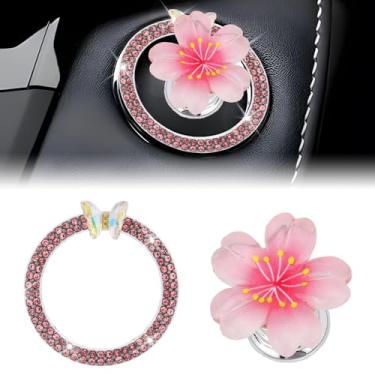 Imagem de LuneClat Capa de botão de pressão para iniciar flor rosa - capa de resina flor de cerejeira e anel decorativo brilhante decalque acessórios interiores de carro, botões de partida/parada do motor
