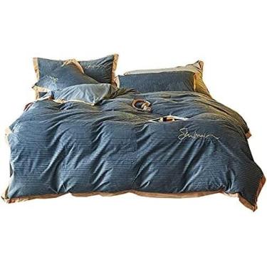 Imagem de Conjunto de capa de edredom de inverno, conjunto de cama de casal com 4 peças, conjunto de capa de edredom de casal, lençol de cima macio e quente, roupa de cama de luxo para hotel familiar (azul