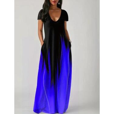 Imagem de Novo verão solto impressão casual vestido feminino bolso vestido longo