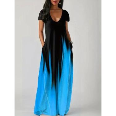 Imagem de Novo verão solto impressão casual vestido feminino bolso vestido longo