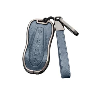 Imagem de Liga + couro carro remoto chave caso capa compatível com geely azkarra tugella fy11 2019 2020 atlas pro emgrand gs x6 suv ec7 estilo(Grey Blue)