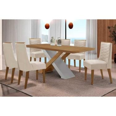 Imagem de Sala Jantar Mesa Imperatriz Tampo Curvo 180cm+6 Cadeiras Maldivas Madeira Naturale/Off White - Capuccino/Suede Creme - Rufato