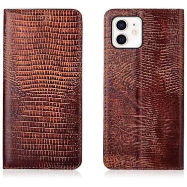 Imagem de KKFAUS Capa flip para Apple iPhone 12 (2020) 6,1 polegadas, capa de telefone à prova de choque de atração magnética de couro com padrão de lagarto [suporte de cartão] [Suporte] (Cor: marrom)