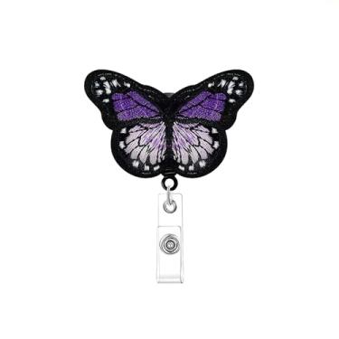 Imagem de Porta-crachá de identificação de feltro com bordado de borboleta, carretel retrátil e clipe de metal para cartões de acesso ao trabalho (roxo)